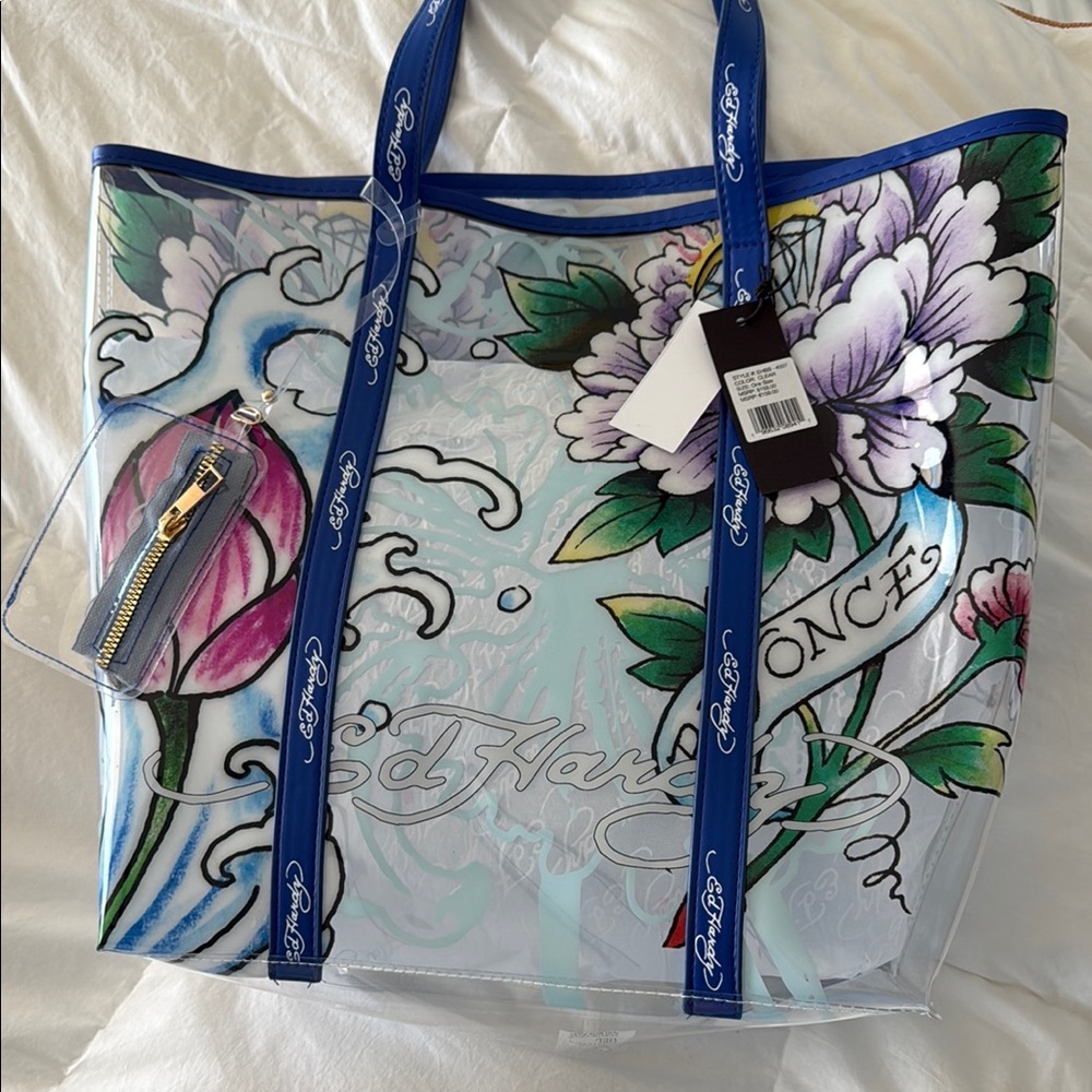 Ed Hardy Blue and White Artistic Floral Tote